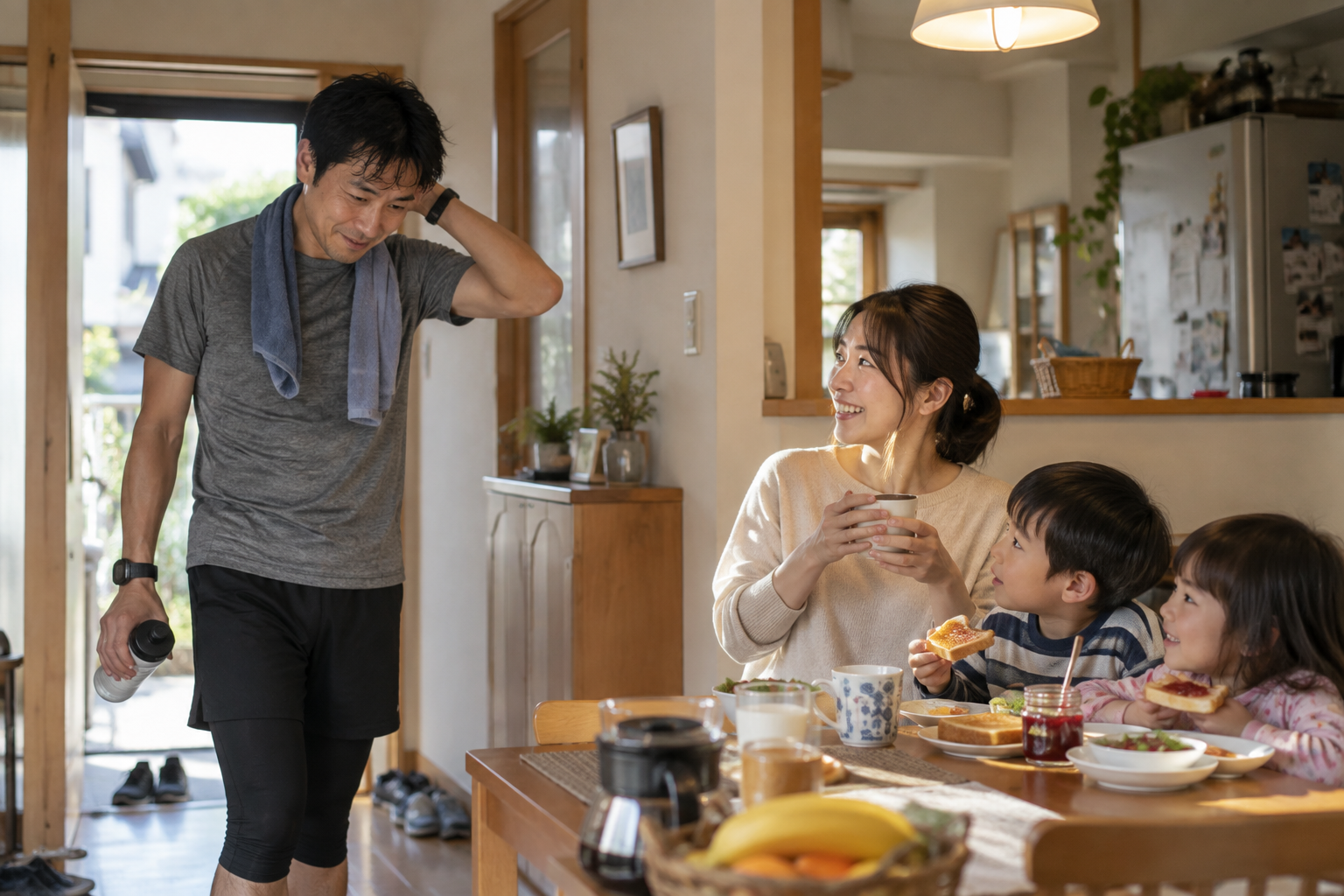 朝の食卓とランニング帰りの家族