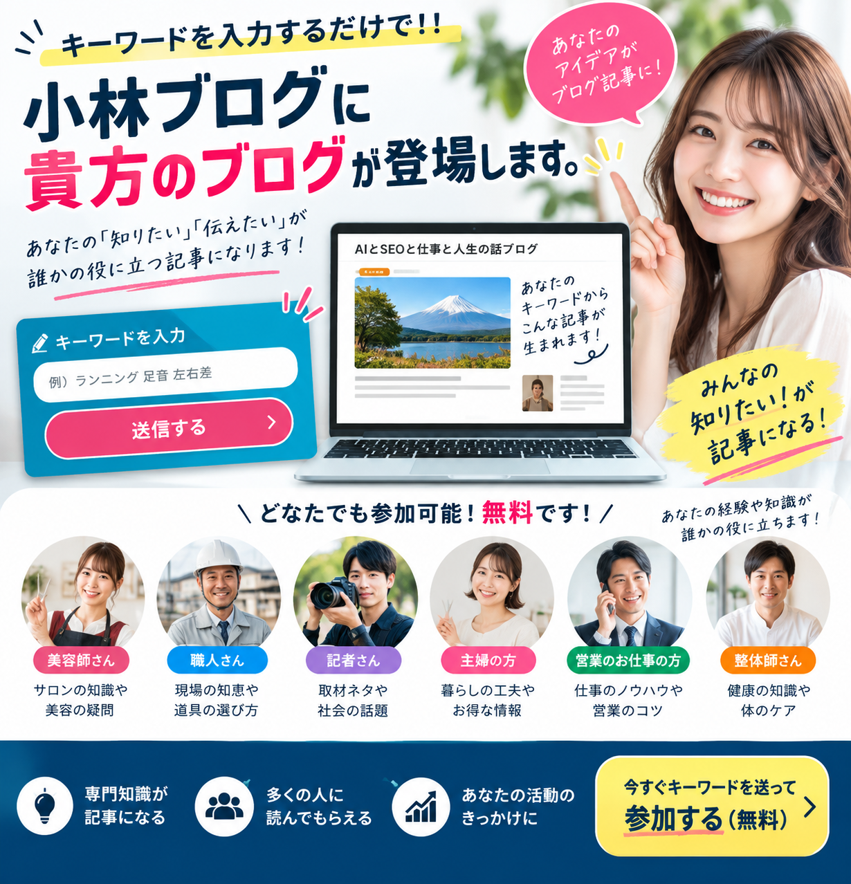 キーワードを入力するだけで、小林ブログにあなたのテーマが登場。どなたでも無料で参加できます。