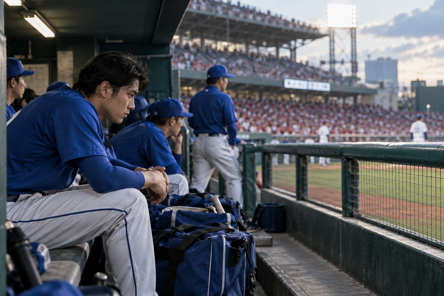 ビジターでの勝率低下とチームマネジメントを象徴する、遠征先のベンチで試合を見つめる選手たち