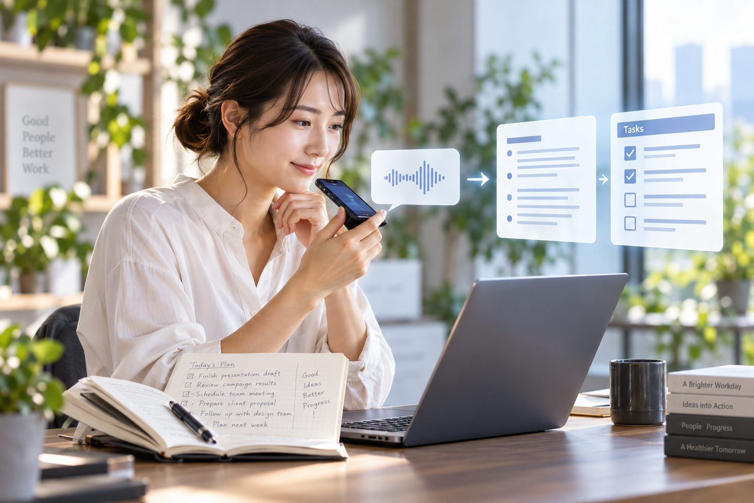 音声入力をAIで整理しタスクへ落とし込む仕事風景