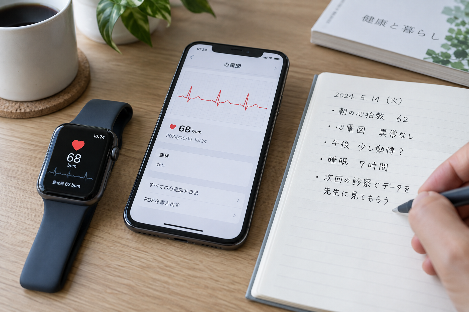 心電図と健康記録のある机まわり