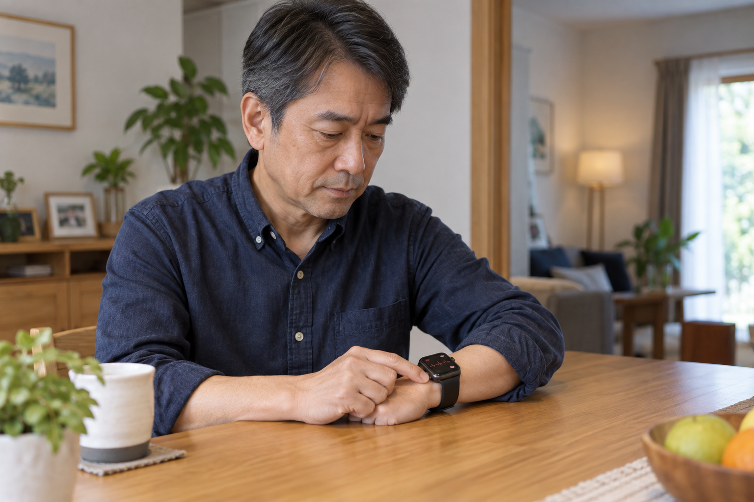 自宅でスマートウォッチを確認する男性