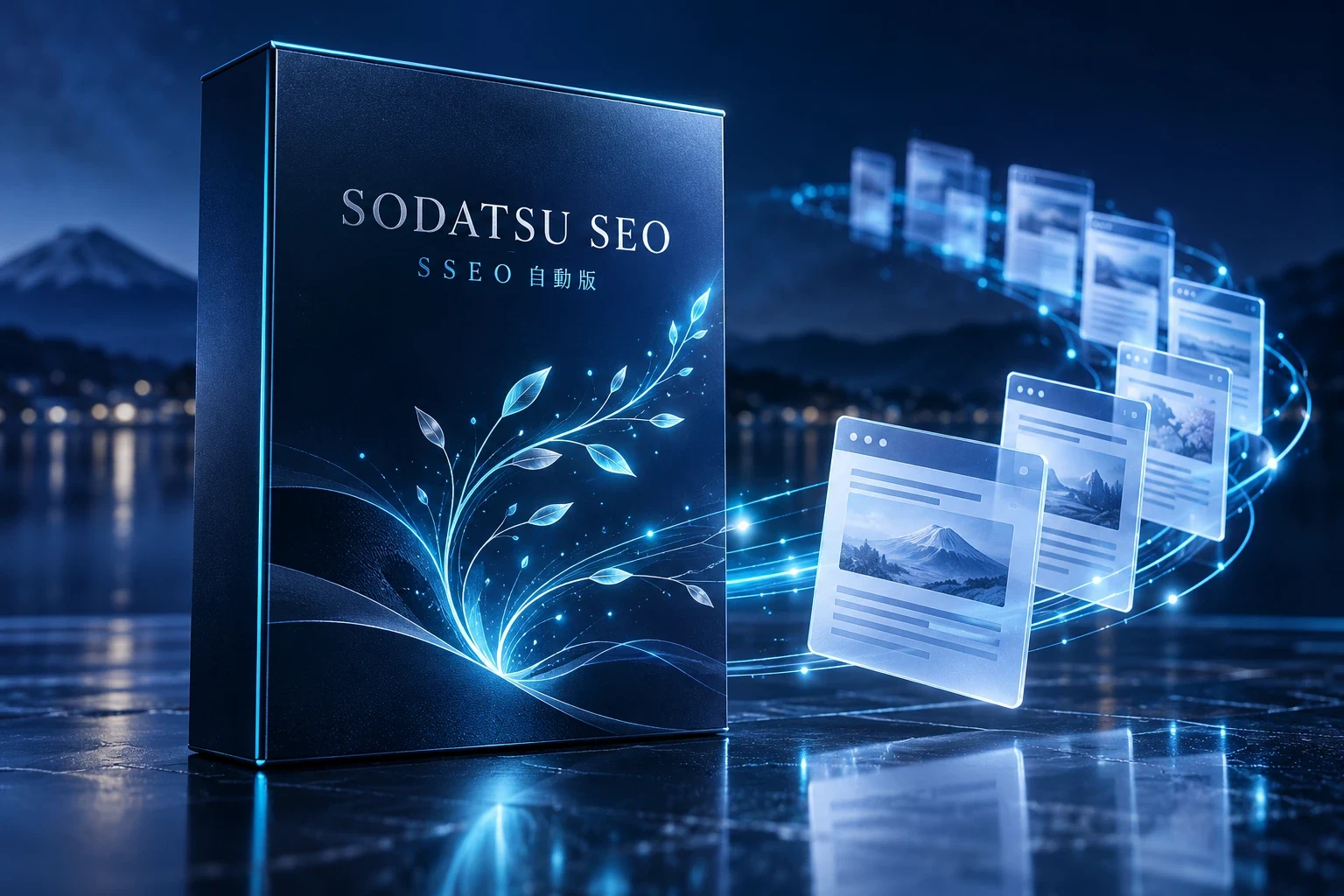 SODATSU SEO・SSEO自動版の商品イメージ。藍色のパッケージと光でつながる記事。