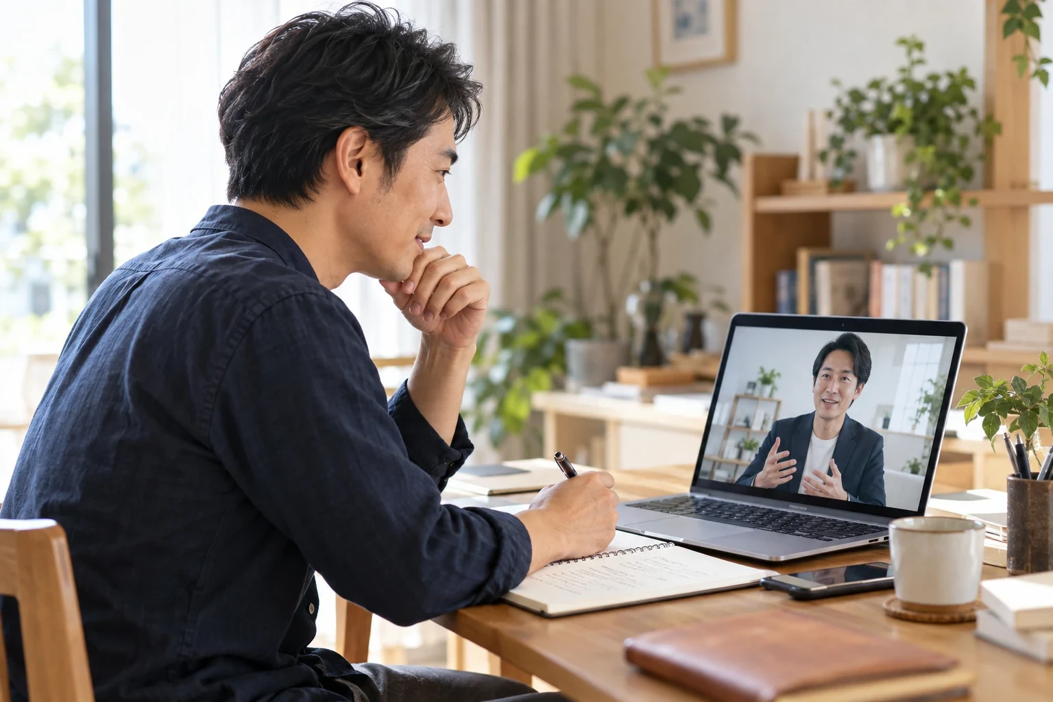 オンラインで相談しながら疑問をノートに整理する男性