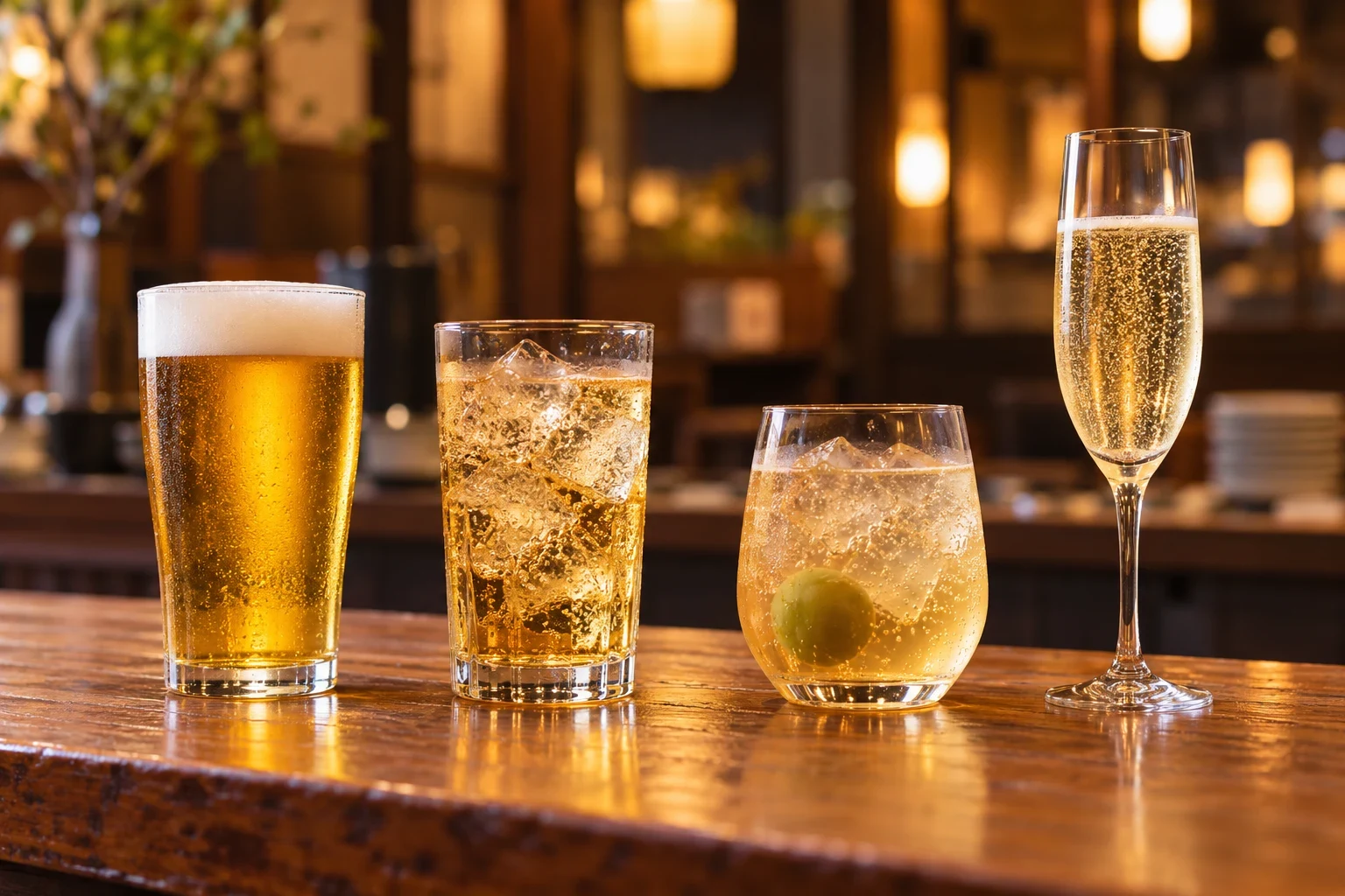 飲み歩きのカウンターに並ぶビール、ハイボール、梅酒ソーダ、スパークリングワイン