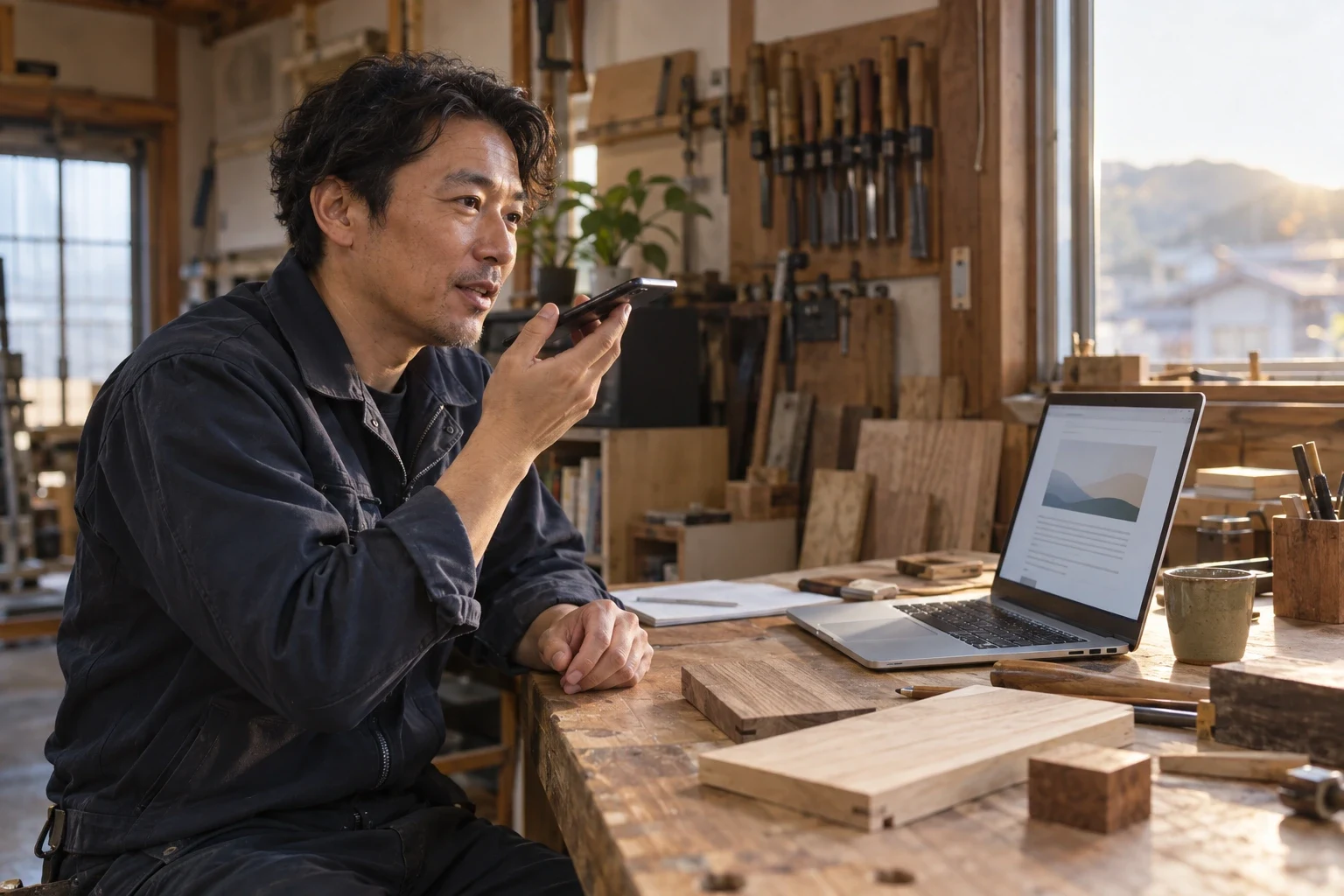 作業場で現場の経験をスマートフォンの音声メモに残す職人