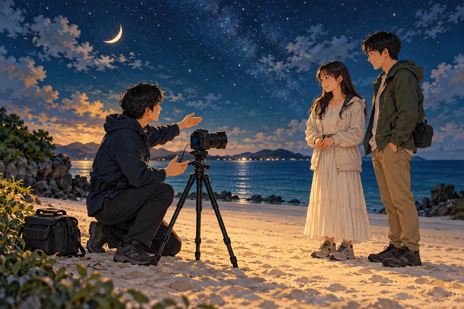 星空撮影前に撮影者から説明を受ける旅行者