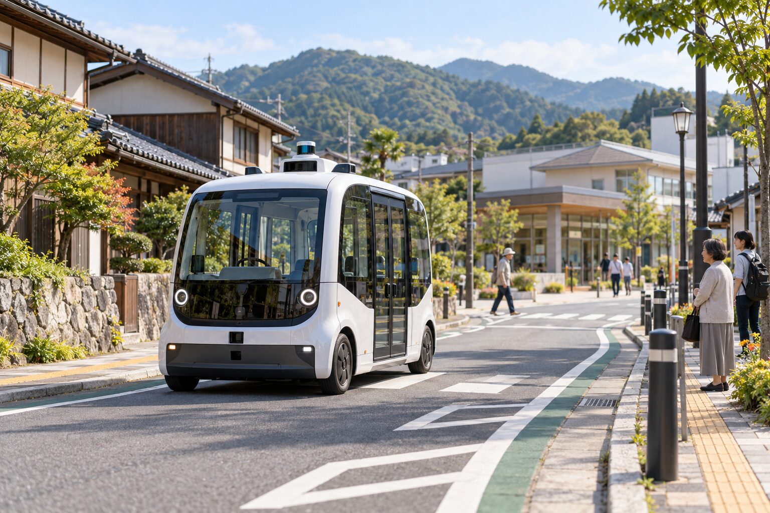地域の町並みを走る自動運転の小型シャトル