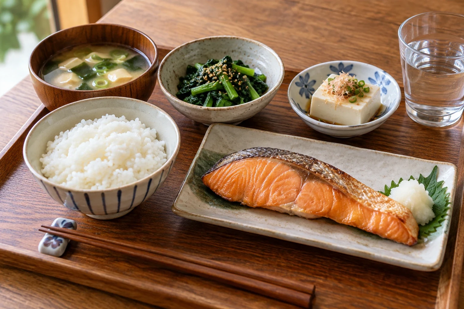 焼き魚と葉野菜、豆腐、ご飯を組み合わせた食卓