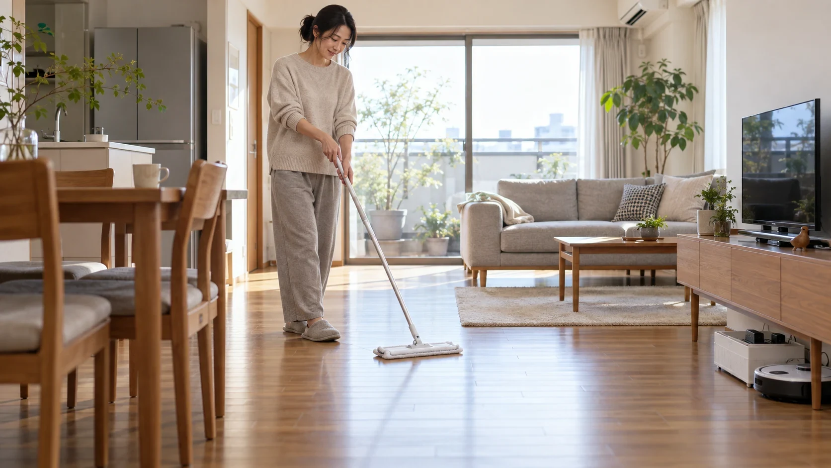 床の通路が空いたリビングでフロアワイパーをかける様子