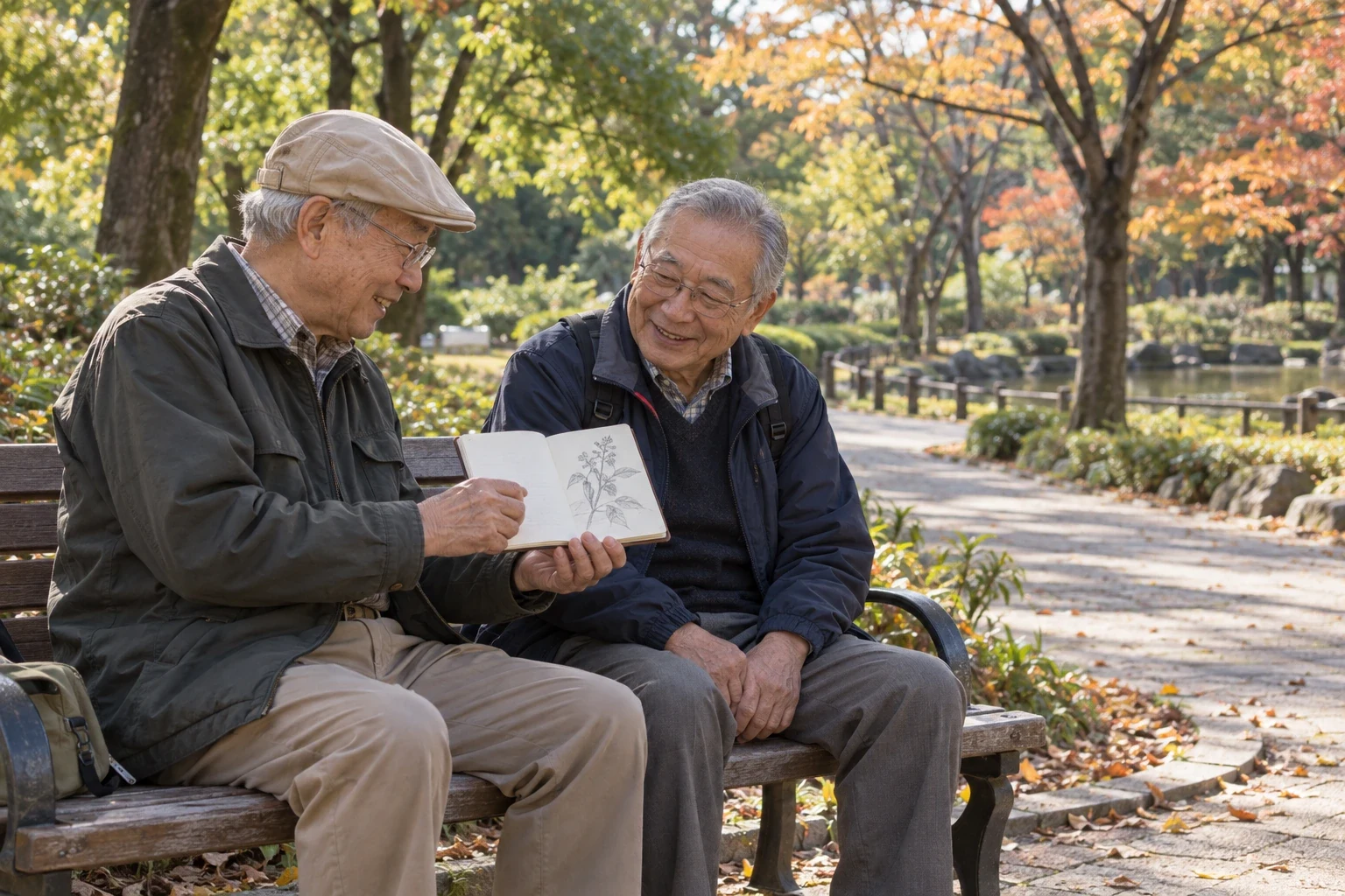 公園のベンチで植物のスケッチを見ながら話す友人
