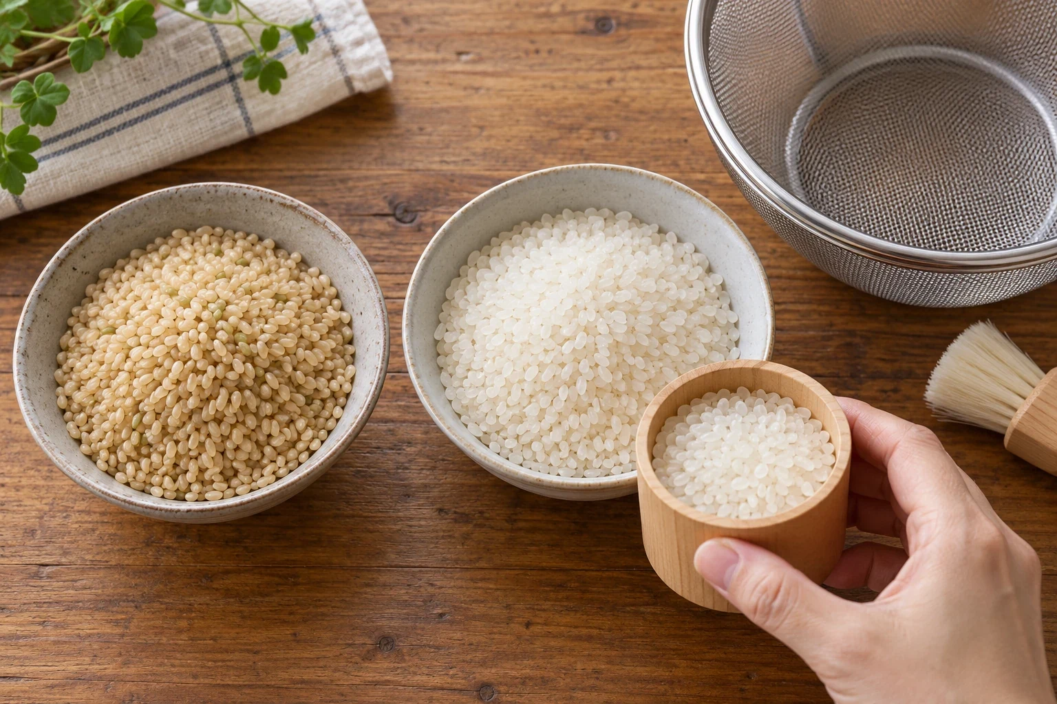 玄米と白米を器に並べ、計量する手元