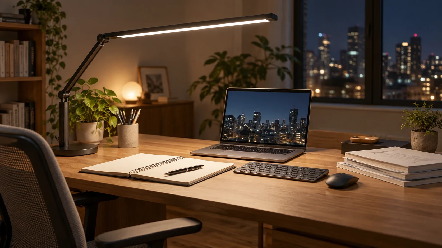 夜の自宅デスクでノートやキーボードを広く照らす調整式デスクライト