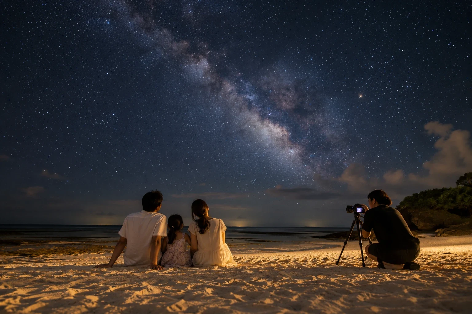 星空の下で家族写真の撮影に備える親子とカメラマンのイメージ