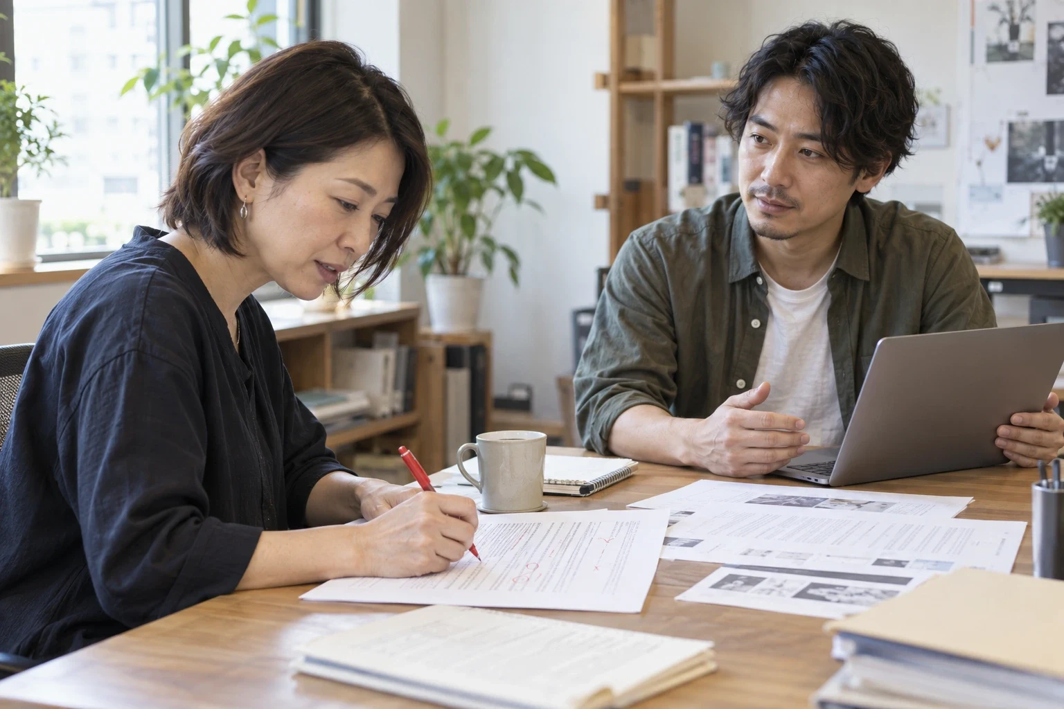 書き手と別の担当者が原稿を読み、修正点を話し合う編集風景