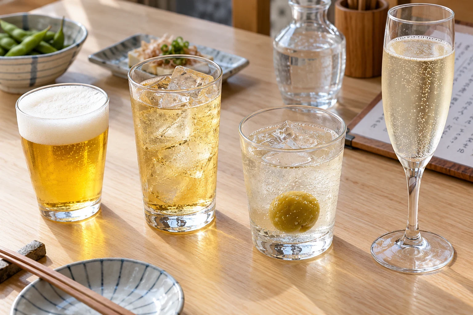 4種類の飲み物を一杯ずつ比較する食卓