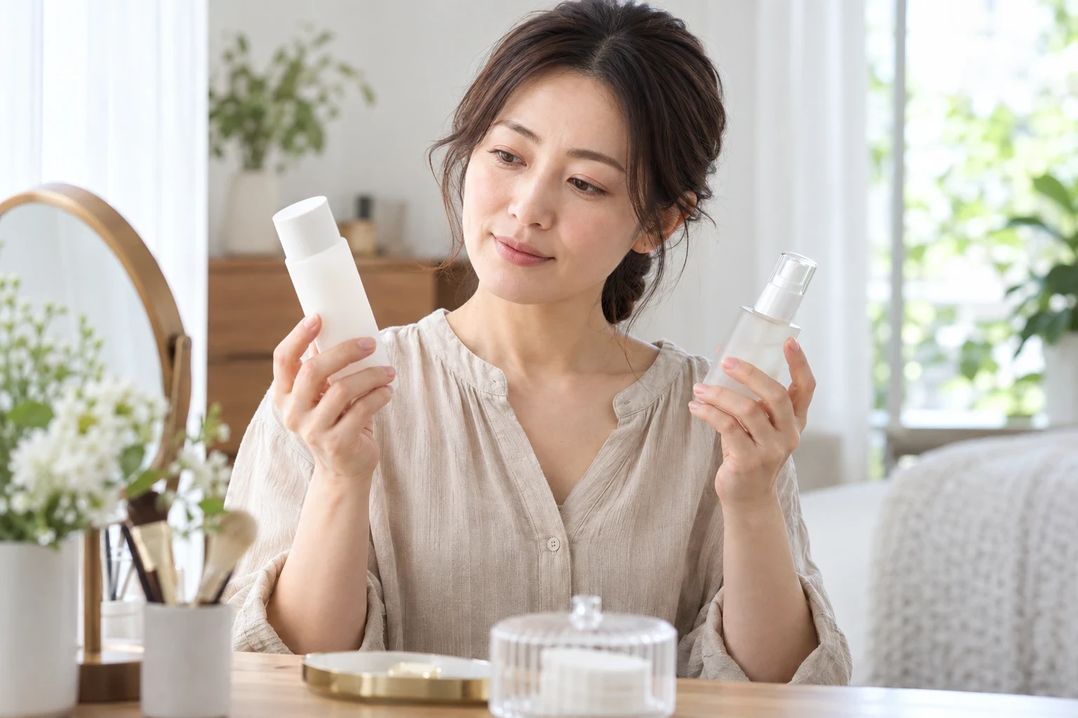 スキンケア用品を手に取り比較する女性
