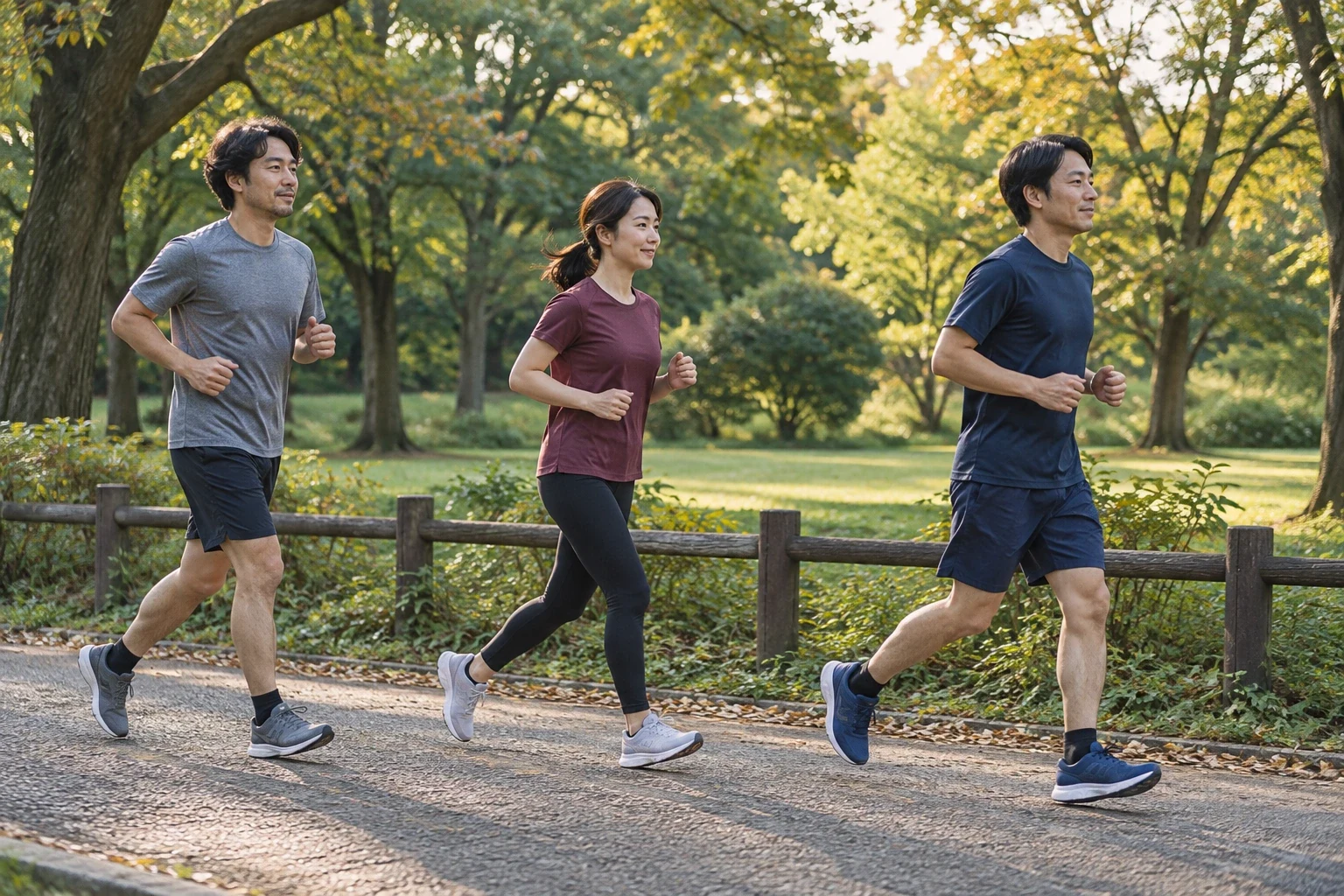 間隔を空けて公園をゆっくり走る3人のランナー
