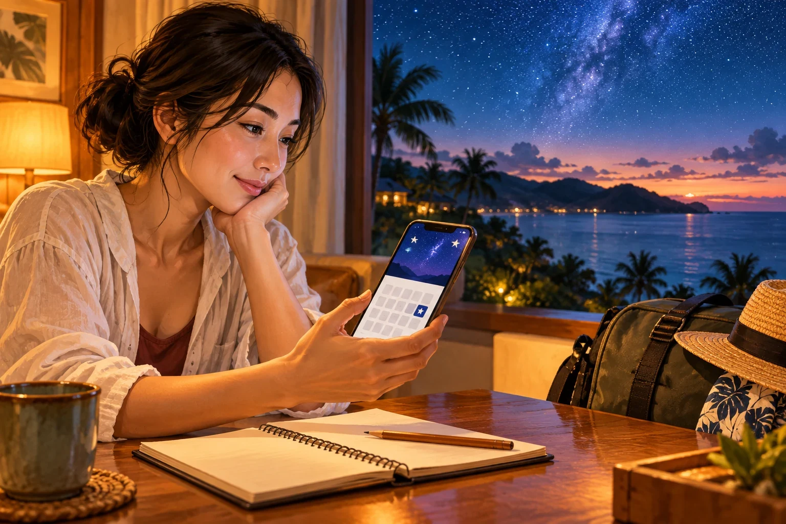 スマートフォンで星空撮影の予約日を確認する旅行者