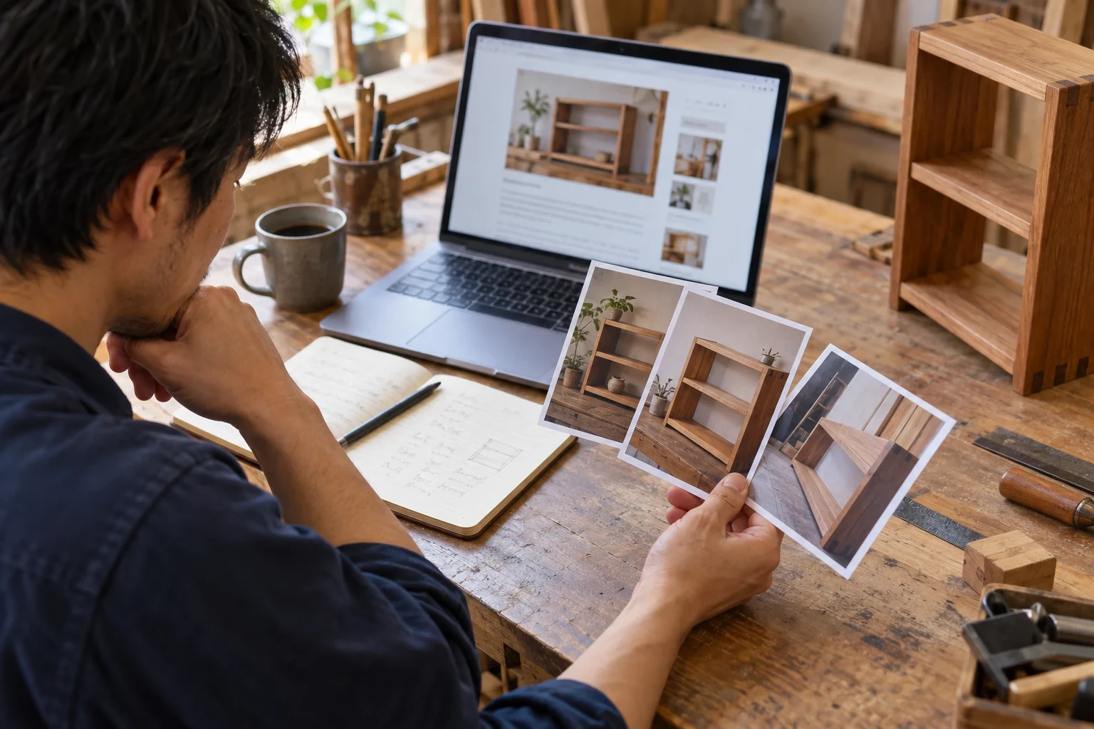 制作した棚の写真とノートを見ながら記事の材料を選ぶ職人