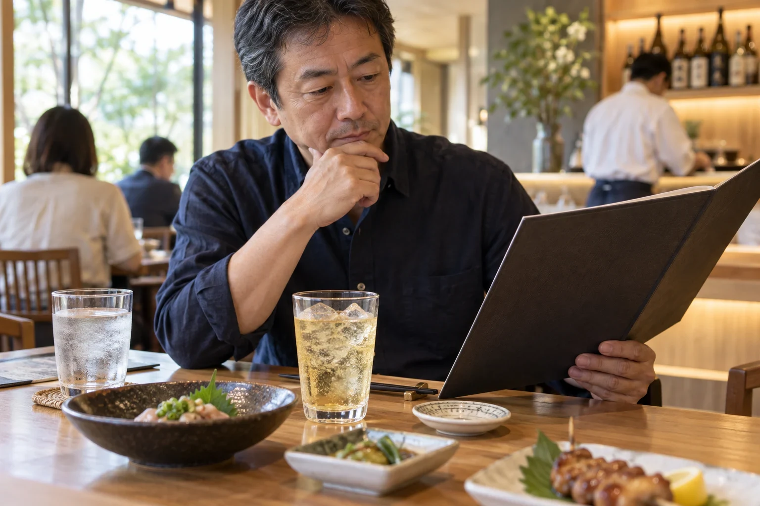 食事と水を添えて飲み物のメニューを選ぶ人
