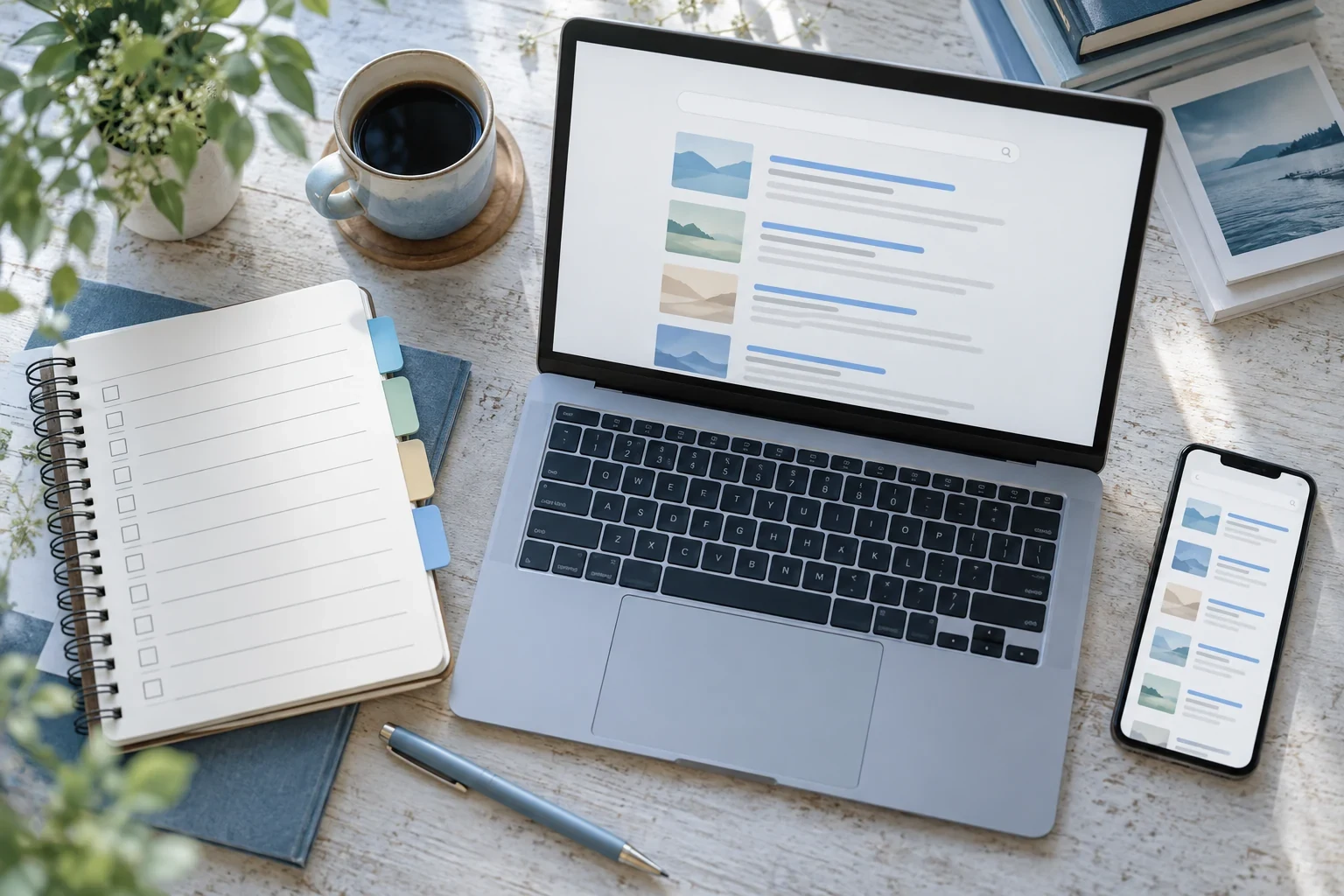 検索順位の記録と公開記事を見比べるノート、PC、スマートフォン