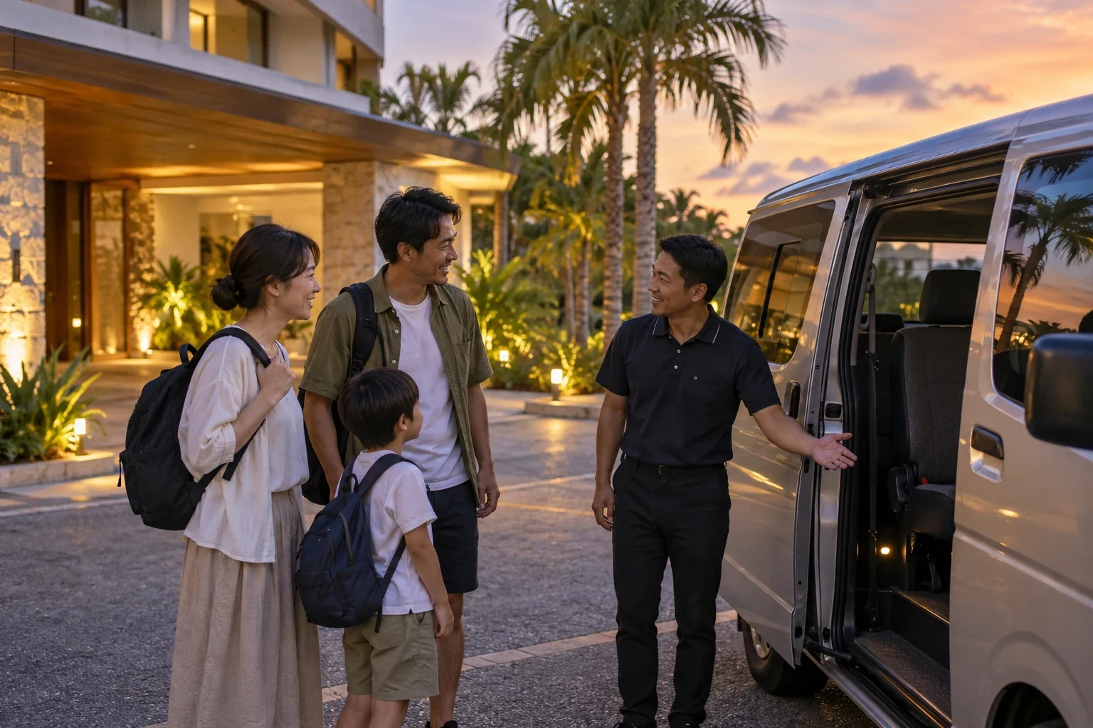 夕方にホテルで送迎車へ案内される家族のイメージ