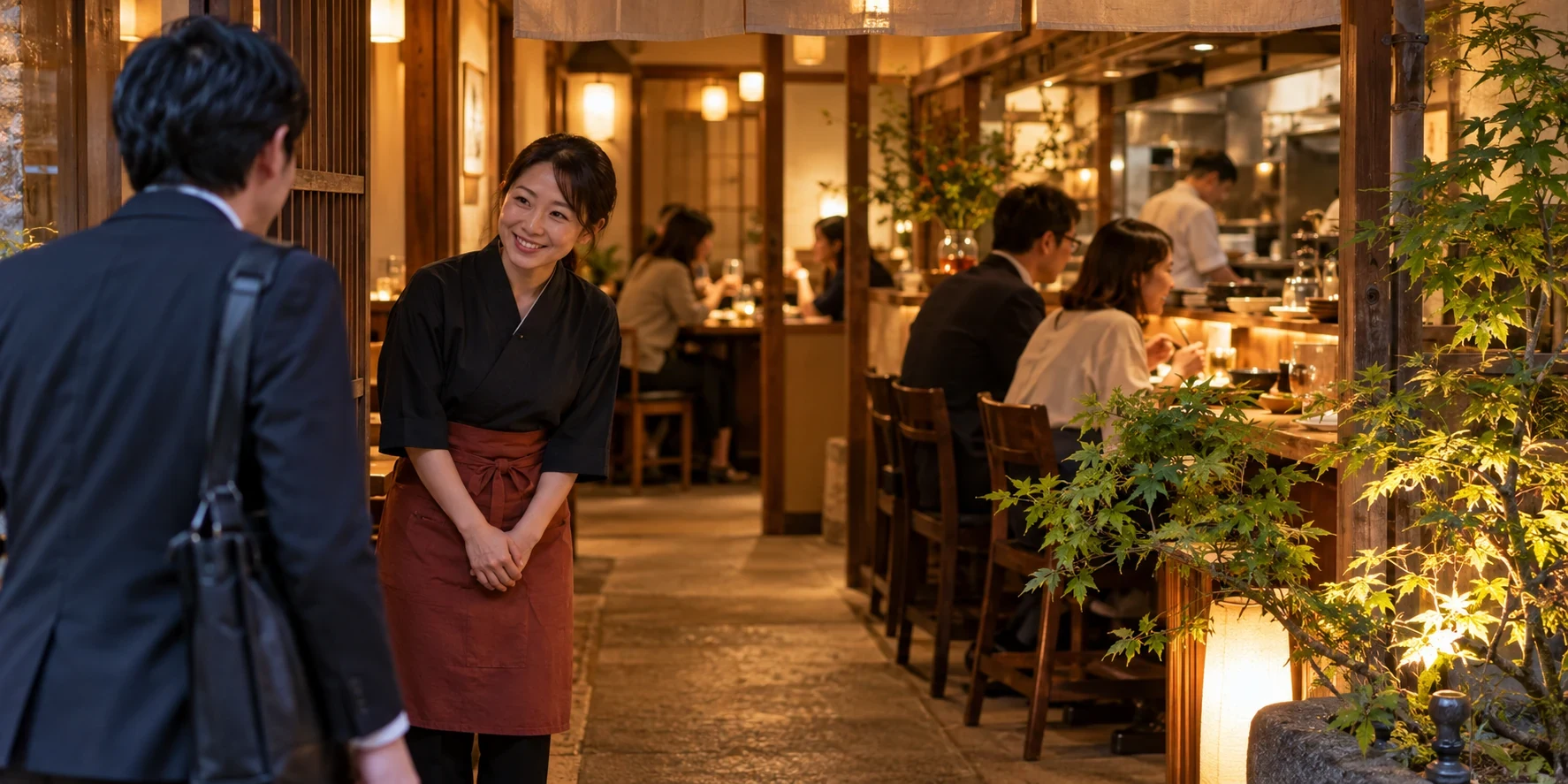 落ち着いた飲食店で、再来店したお客様を静かに迎えるスタッフ