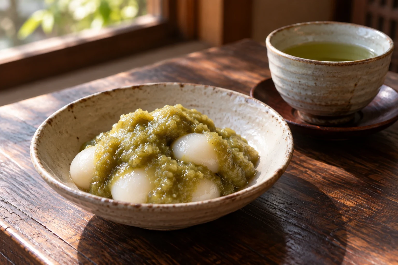 器に盛られたくるみ餅とお茶のイメージ