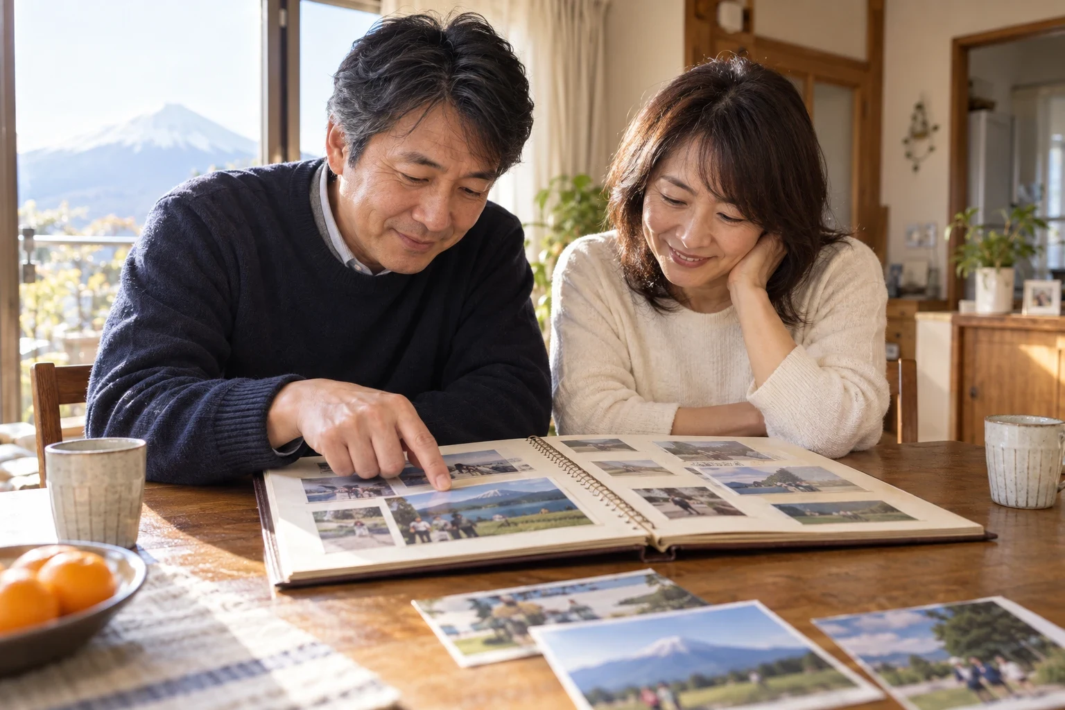 旅の写真アルバムを眺める夫婦