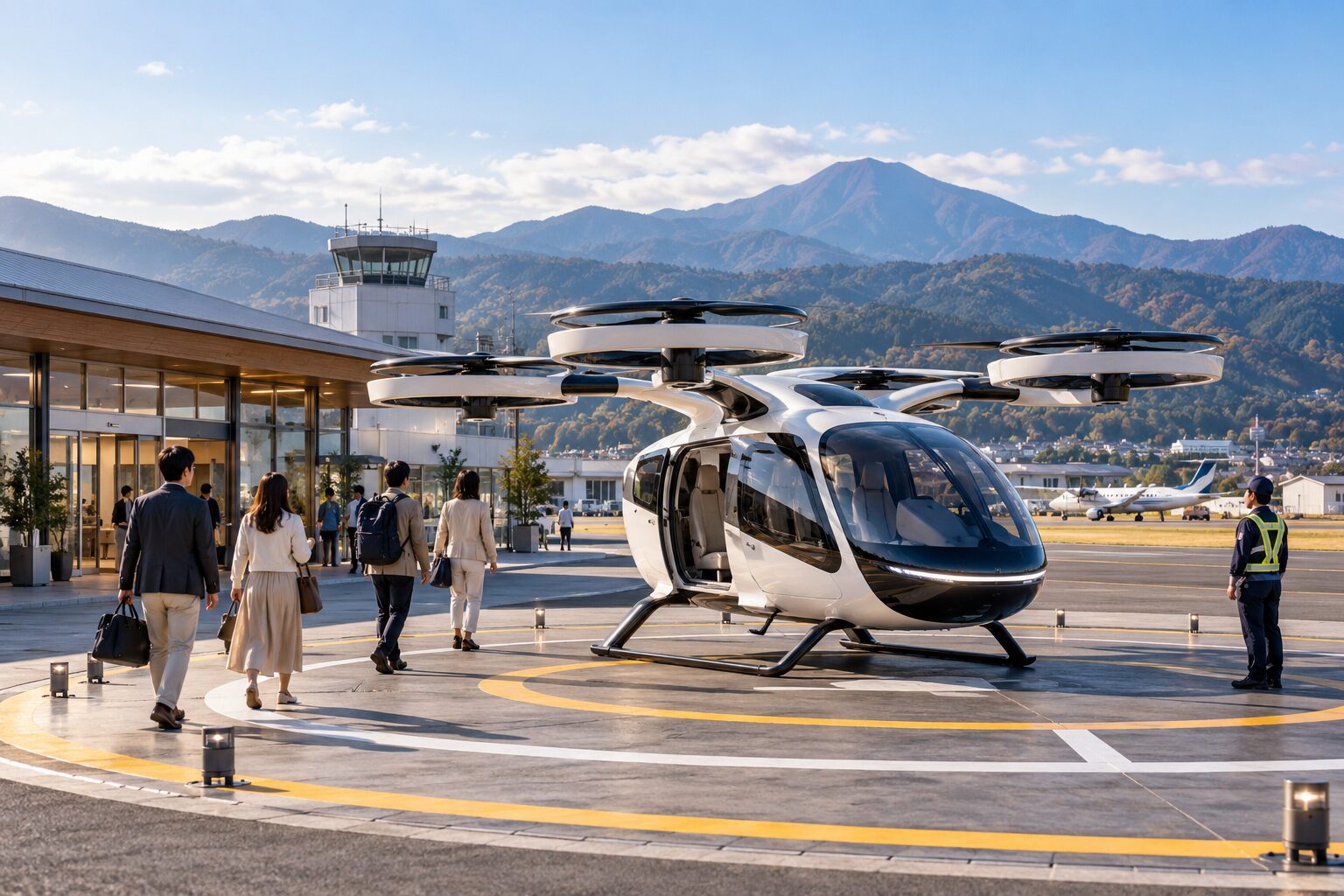 地域空港の離着陸場に停まる小型eVTOL。空飛ぶクルマの実用化と離着陸場を示すイメージ