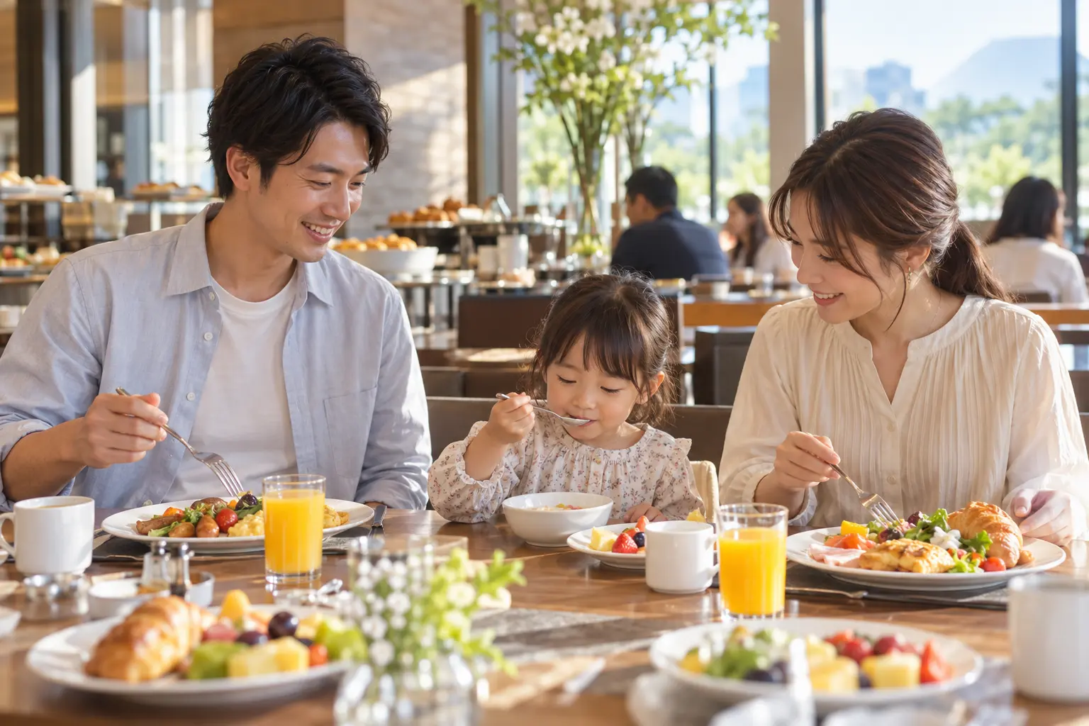 ホテルの朝食を家族で楽しむ子連れ旅行者