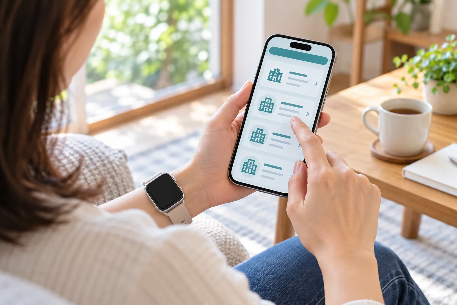 スマートウォッチを着けた人がスマートフォンで医療機関の情報を探すイメージ
