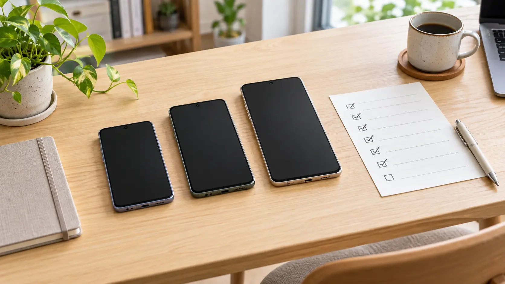 安いSIMフリースマホ3台を比較するチェックリスト付きの机