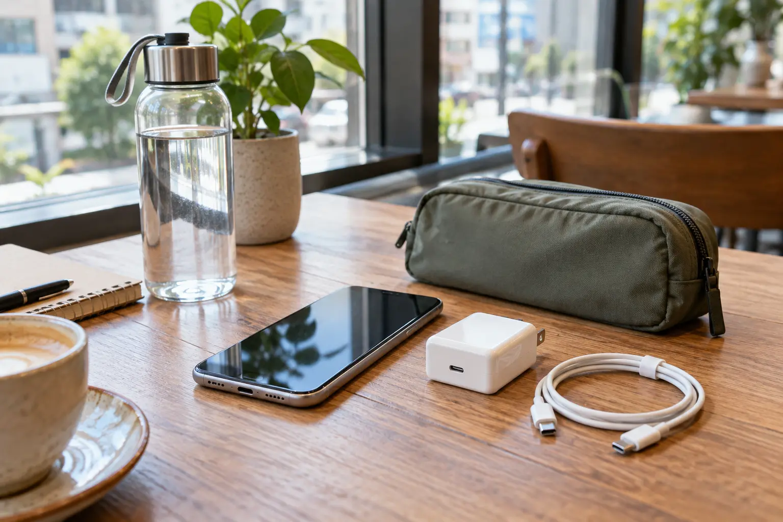 SIMフリースマホとUSB-C充電器、ケーブルを外出先の机で確認する様子
