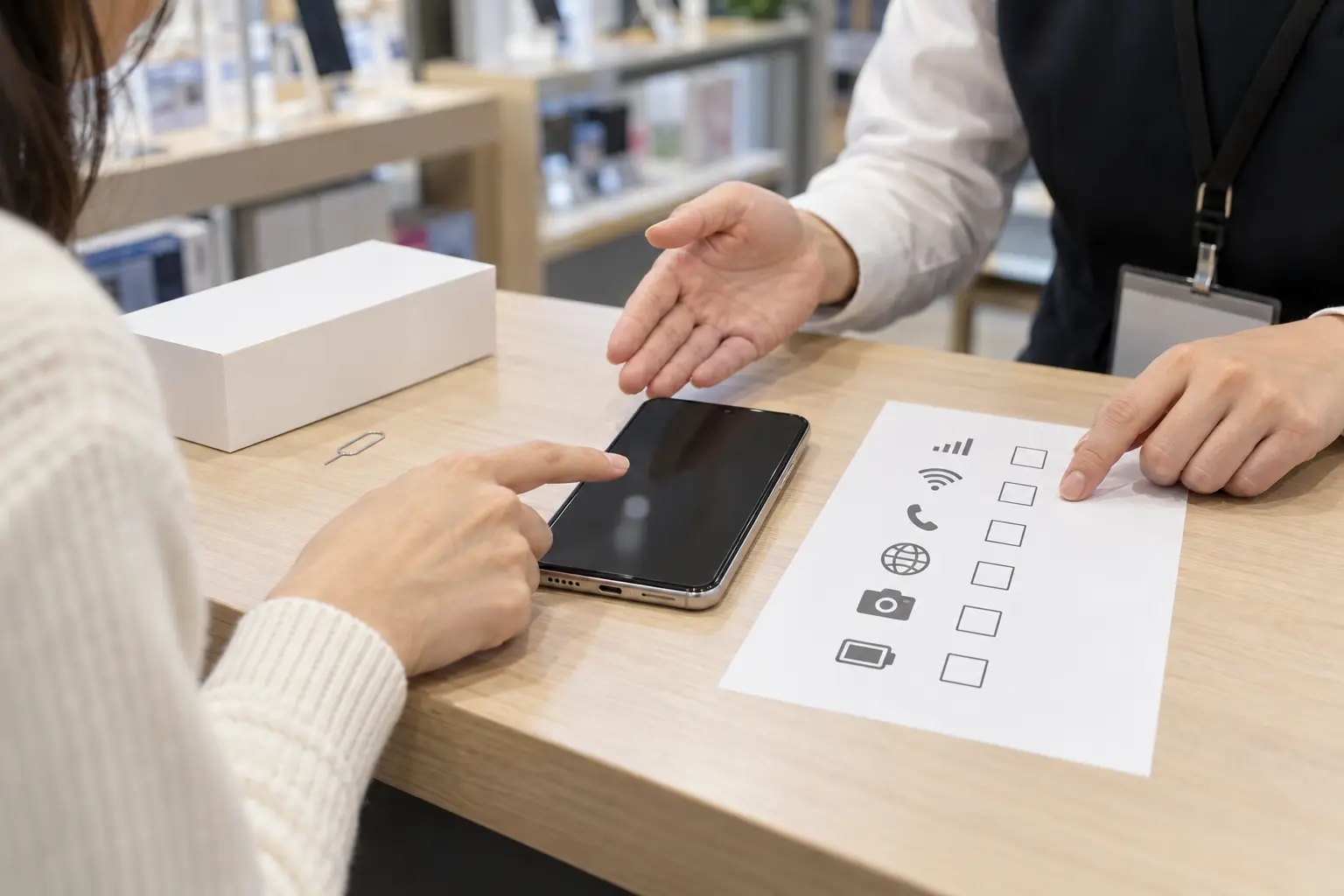 店頭でSIMフリースマホの対応機能を確認する様子
