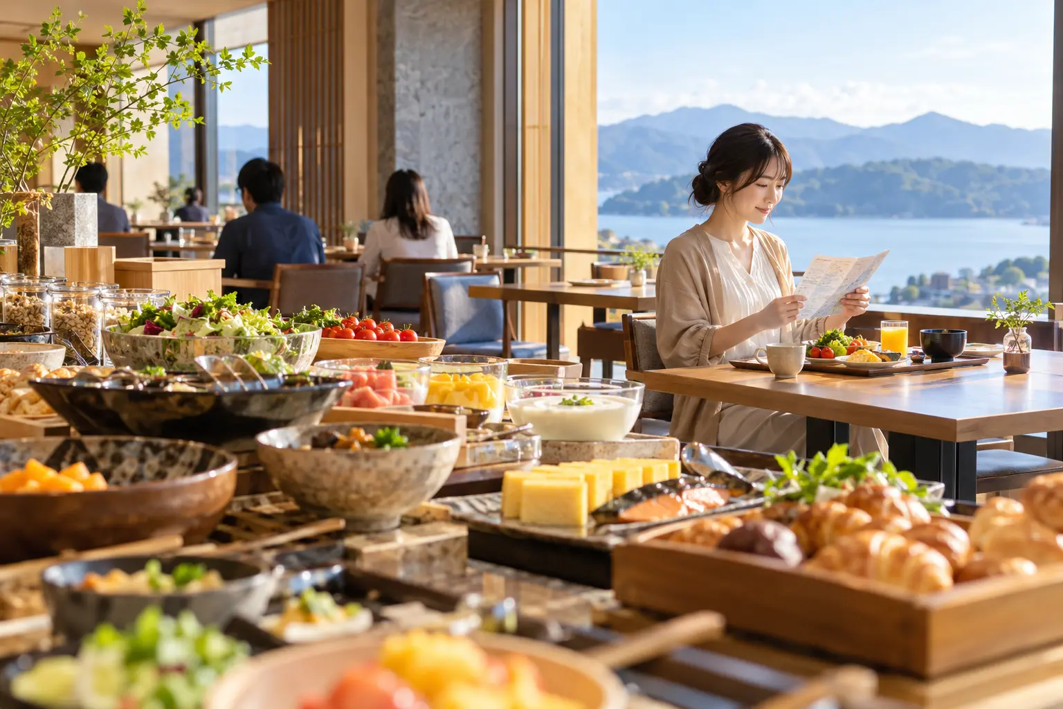 ホテル朝食のビュッフェ会場で旅程を確認する旅行者