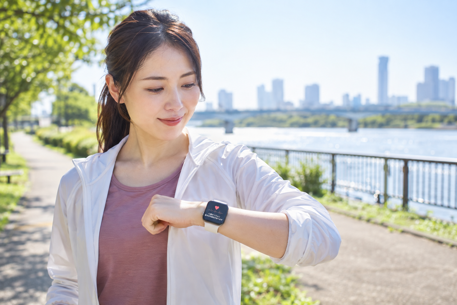 川辺でスマートウォッチを確認する女性