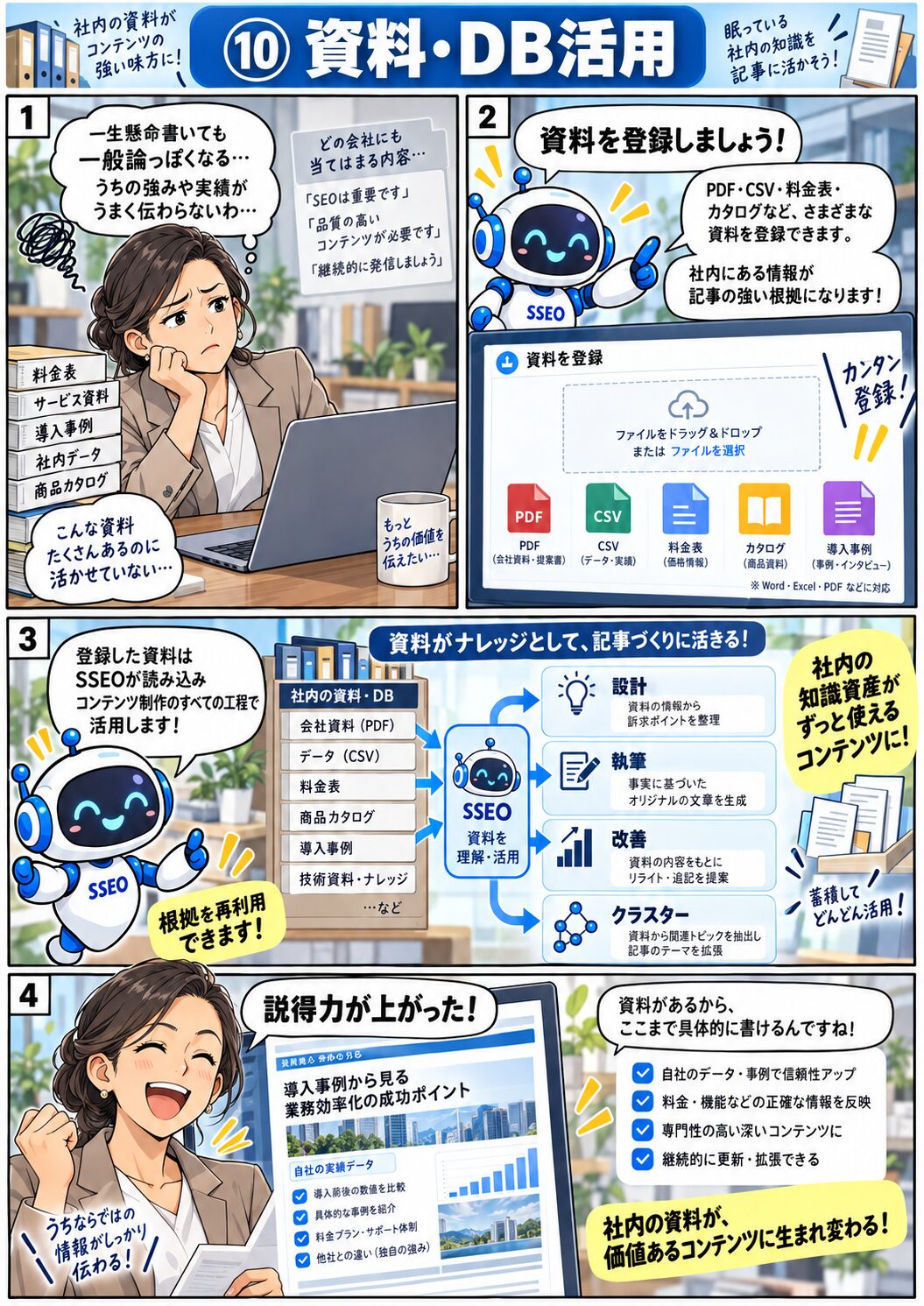 SSEOで社内資料やデータを記事づくりに活用するマンガ