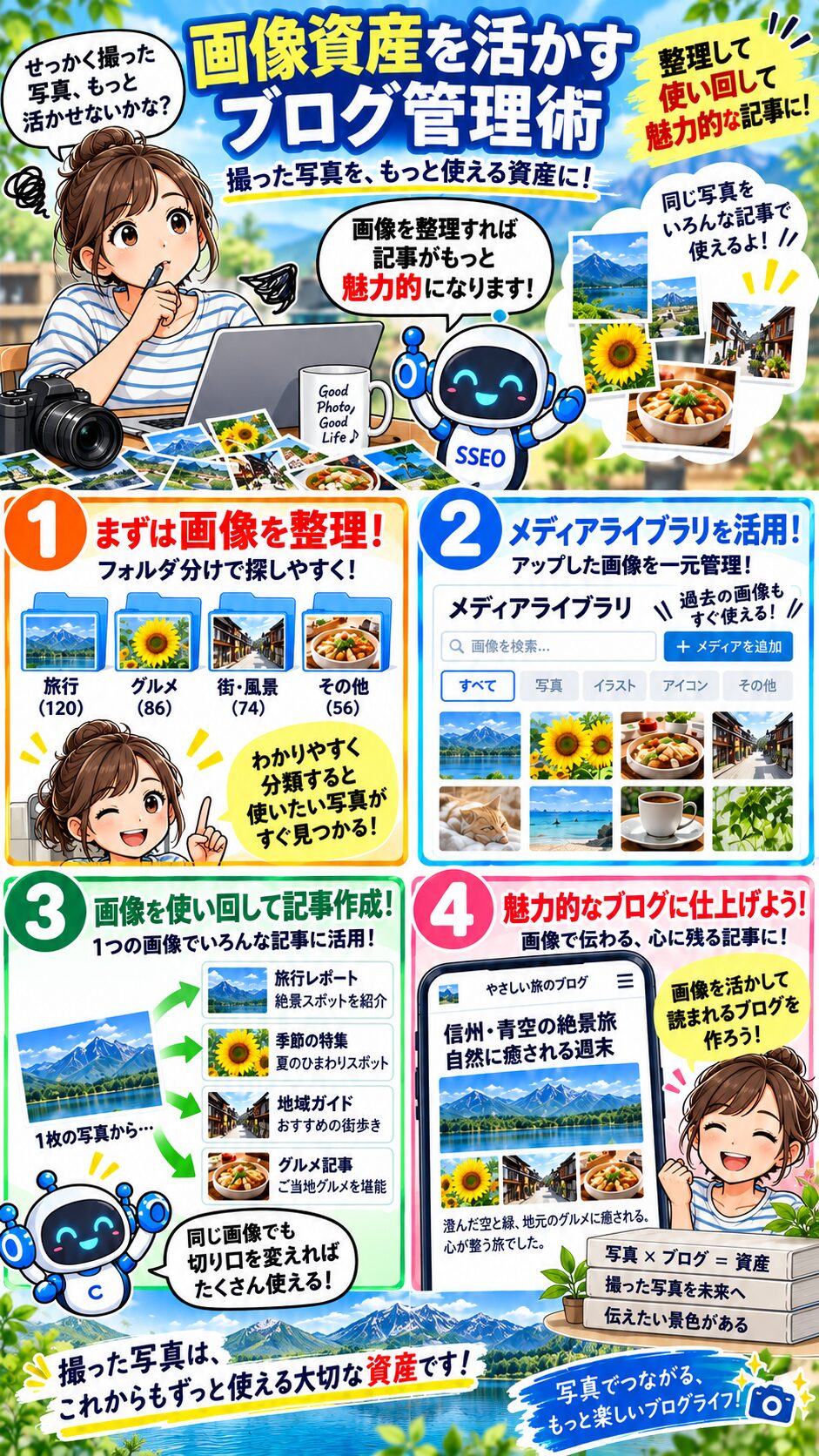 SSEOで画像を管理し、用意した写真やイラストを記事に活かすマンガ