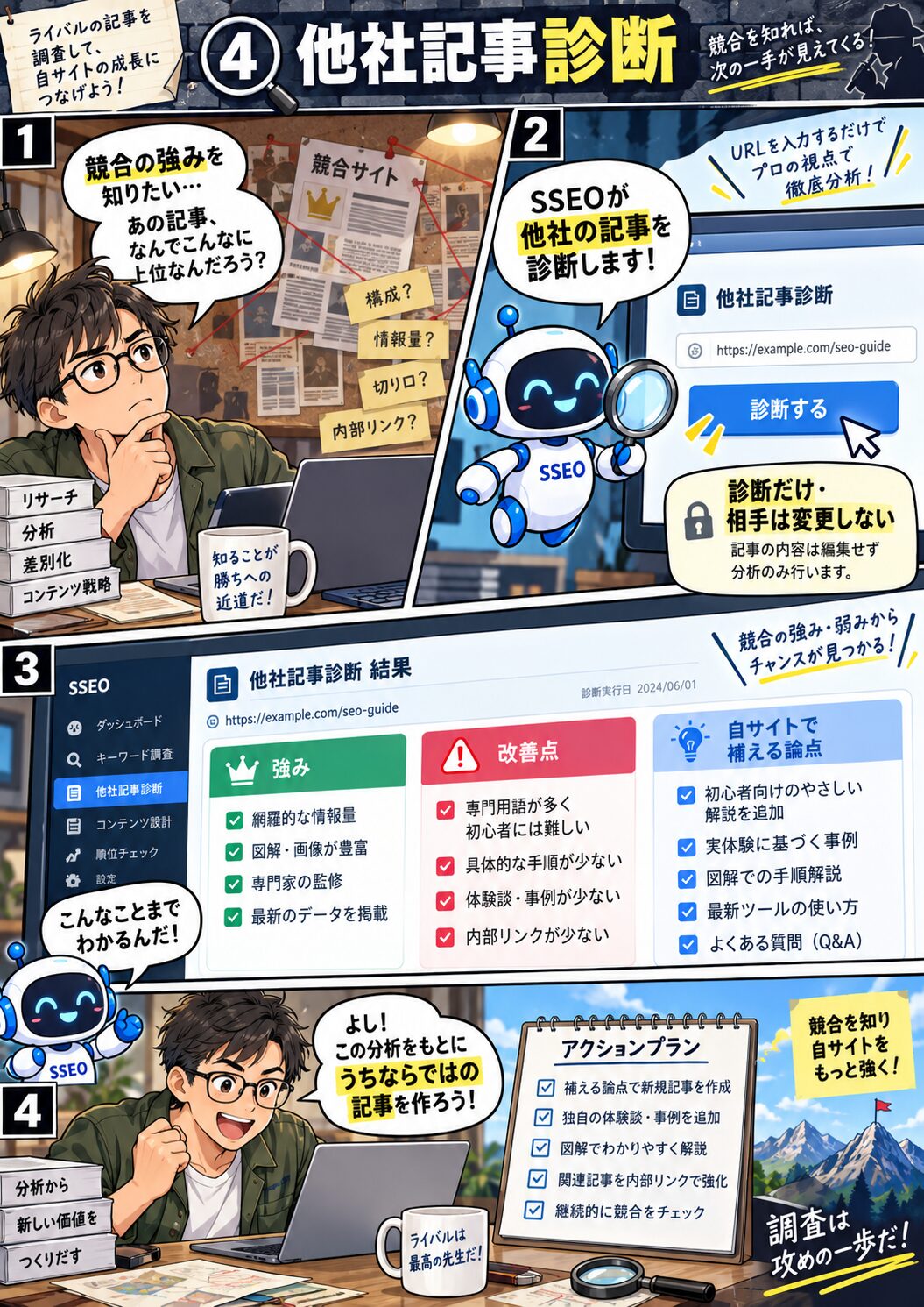 他社記事を診断して自分の記事に活かせる論点を見つけるマンガ