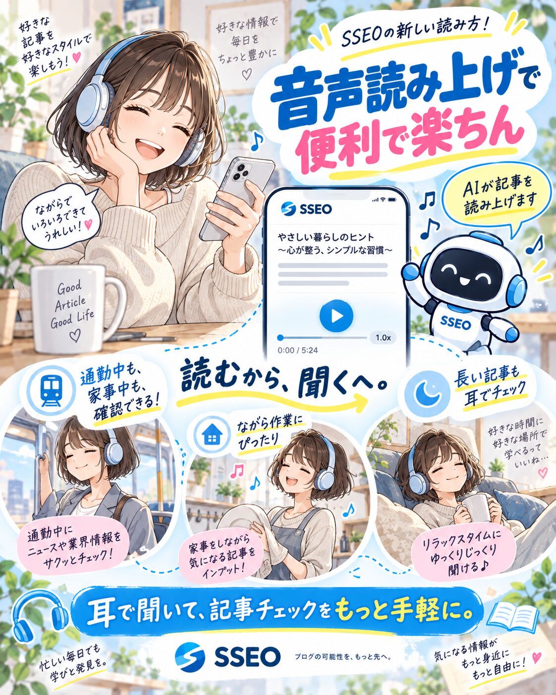 SSEOの音声読み上げで記事を耳でも聞ける便利さを紹介するマンガ