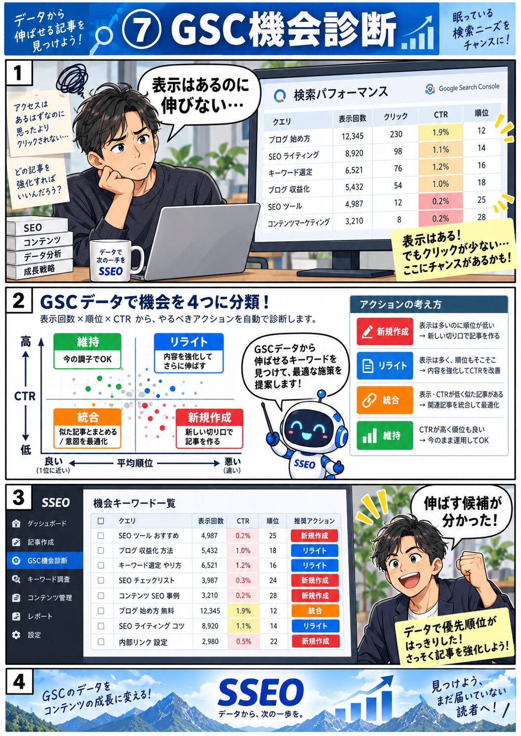 GSCの検索データから記事の改善機会を探すマンガ