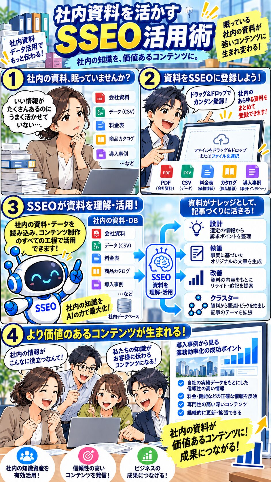 SSEOで社内資料やデータを記事づくりに活用するマンガ