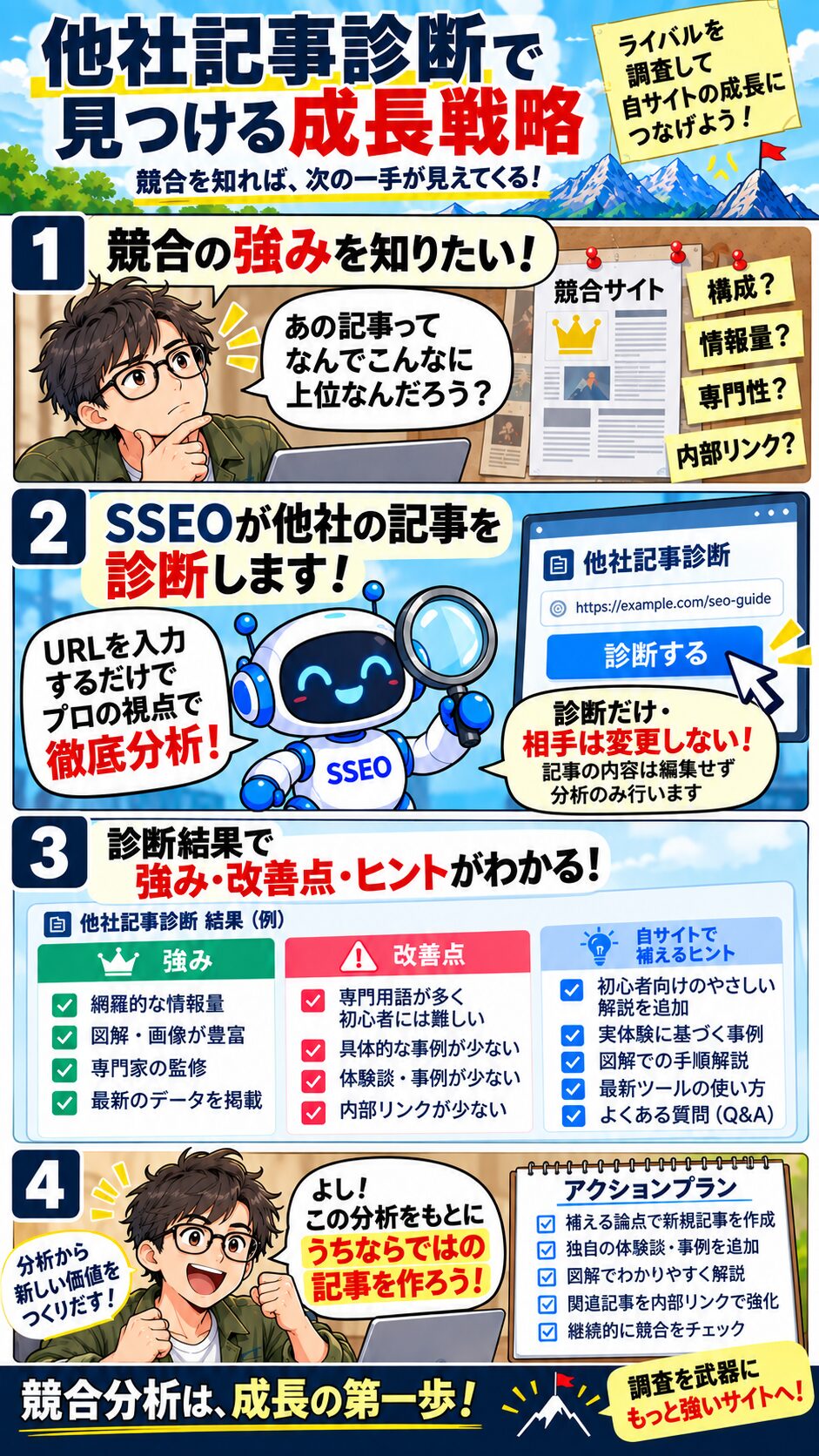 他社記事を診断して自分の記事に活かせる論点を見つけるマンガ