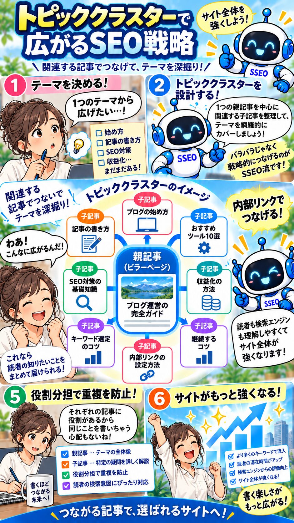 中心の記事と関連記事をつないでテーマを育てるトピッククラスターのマンガ