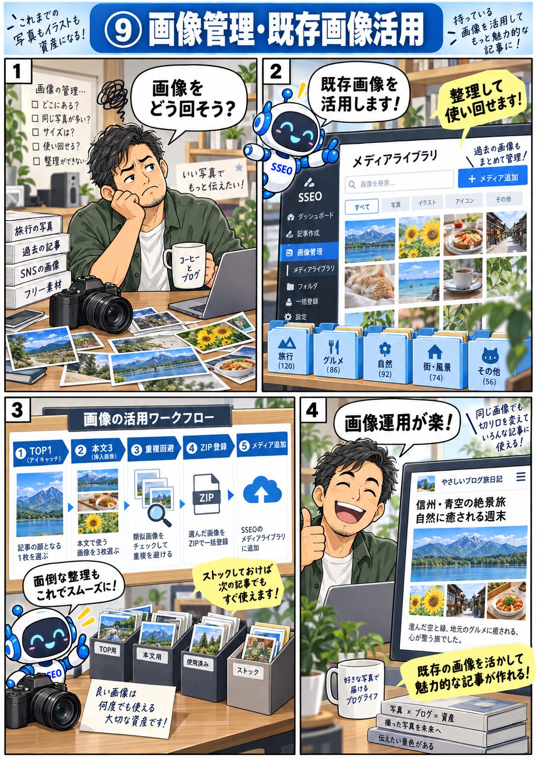 SSEOで画像を管理し、用意した写真やイラストを記事に活かすマンガ