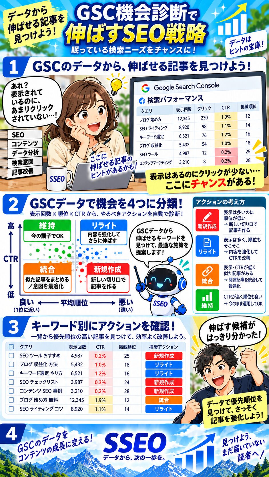 GSCの検索データから記事の改善機会を探すマンガ
