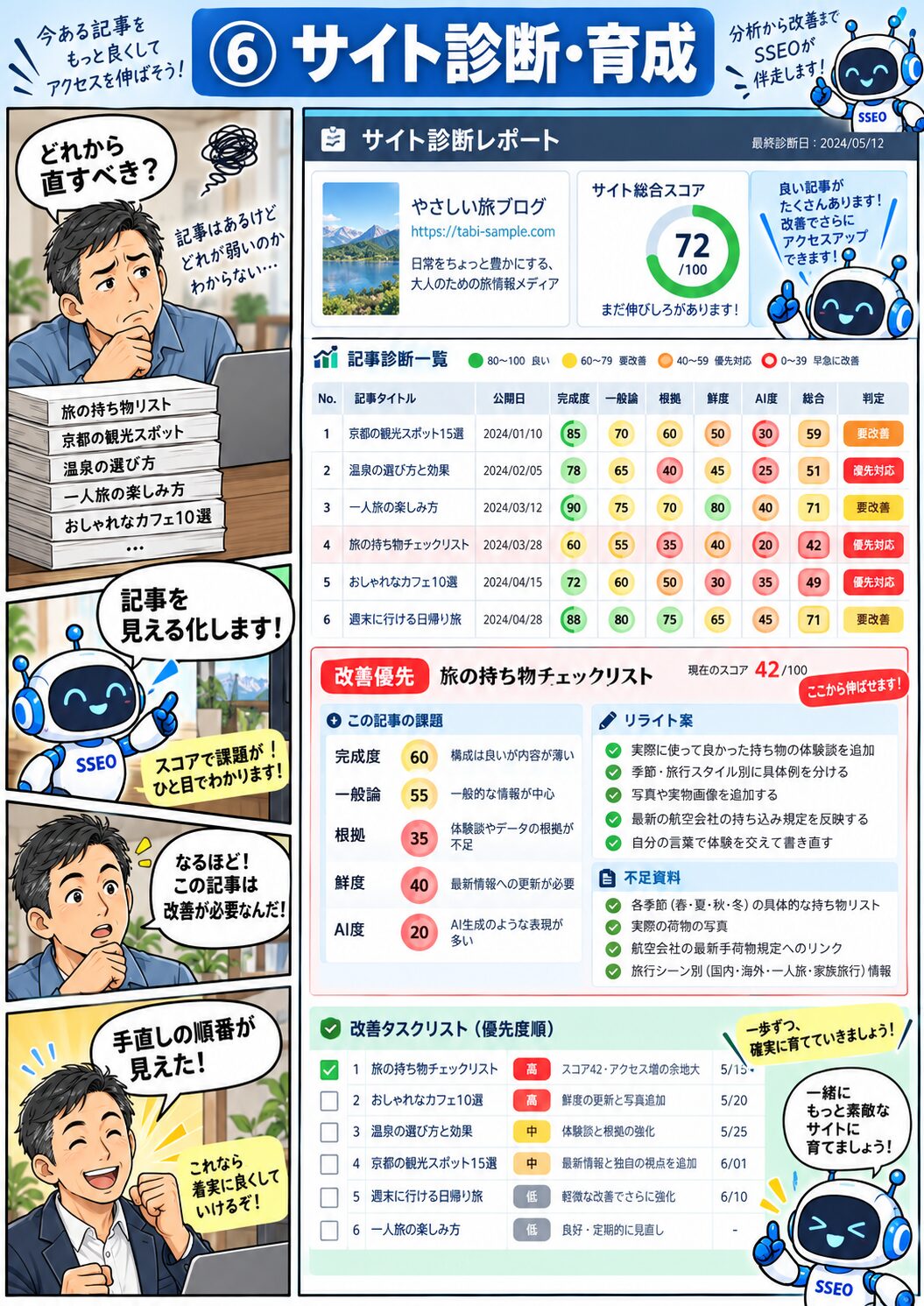 サイト診断から記事の改善点と優先順位を考えるマンガ