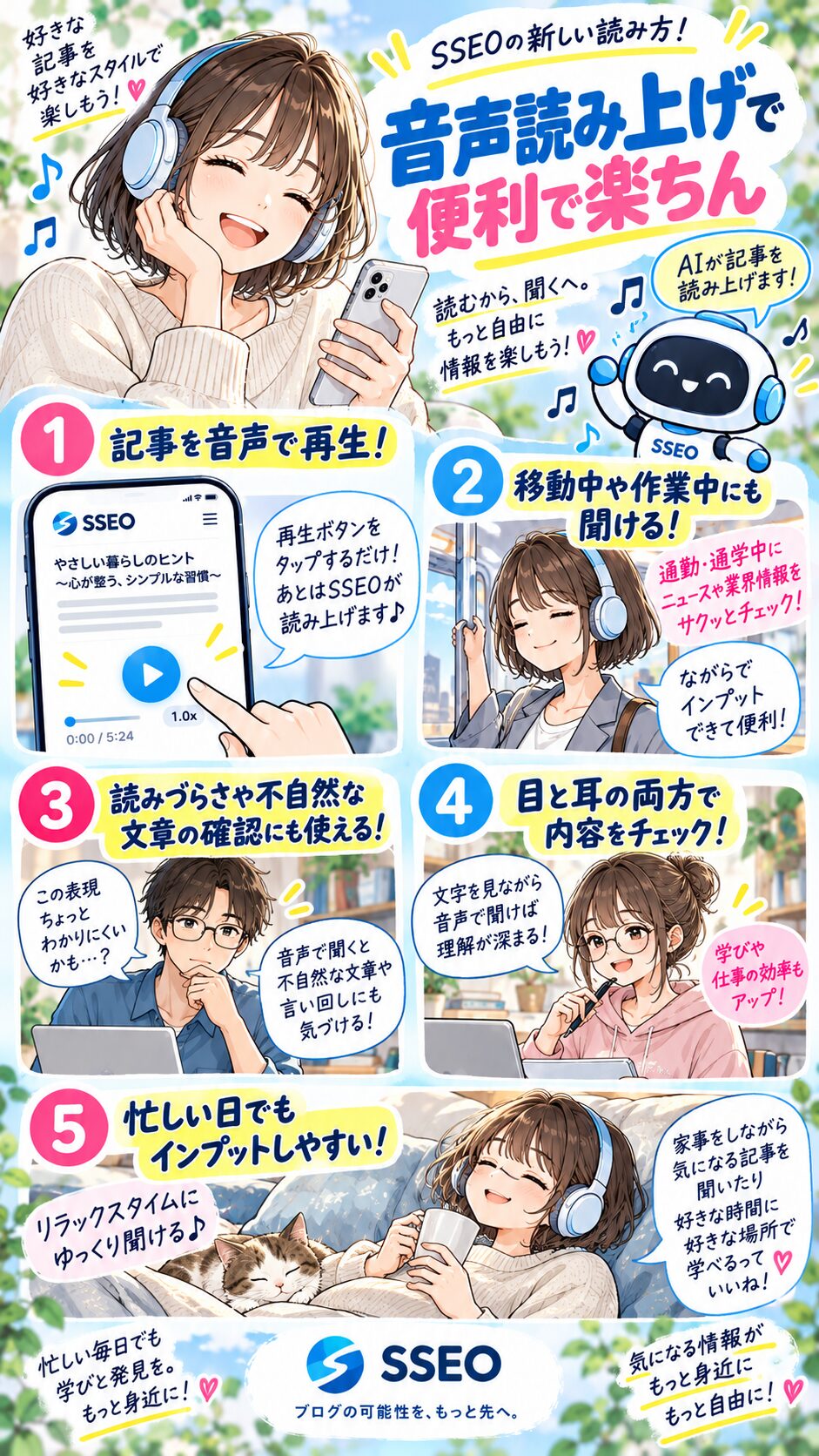 SSEOの音声読み上げで記事を耳でも聞ける便利さを紹介するマンガ